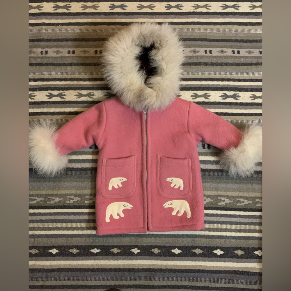 Vintage Polar Parkas Pink Wool toddler coat with fur trim size 2